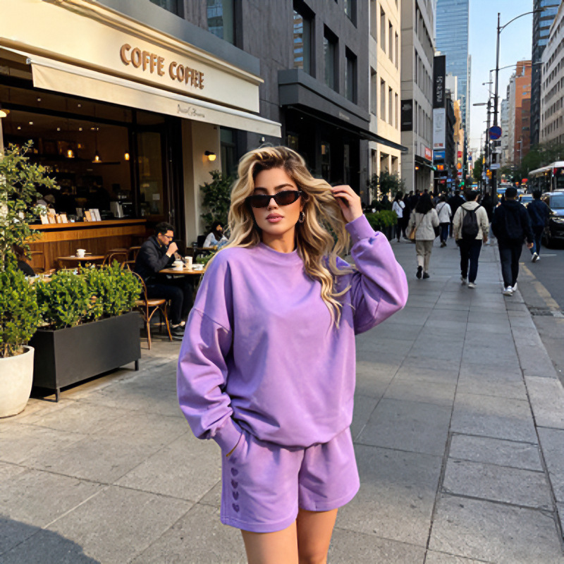 Women's Loose Crewneck Long Sleeve Sweatshirt and Shorts Set