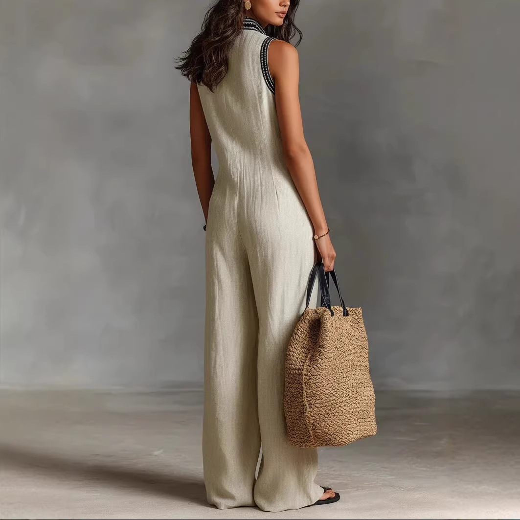 Women's Linen-Blend Sleeveless Zip-Front Jumpsuit