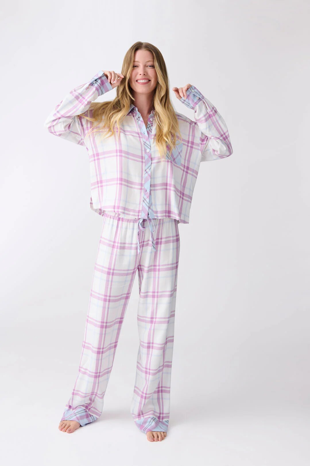 Plaid Print Loose Two-Piece Pajama Set Long Sleeve Shirt and Tie-Waist Pants Loungewear