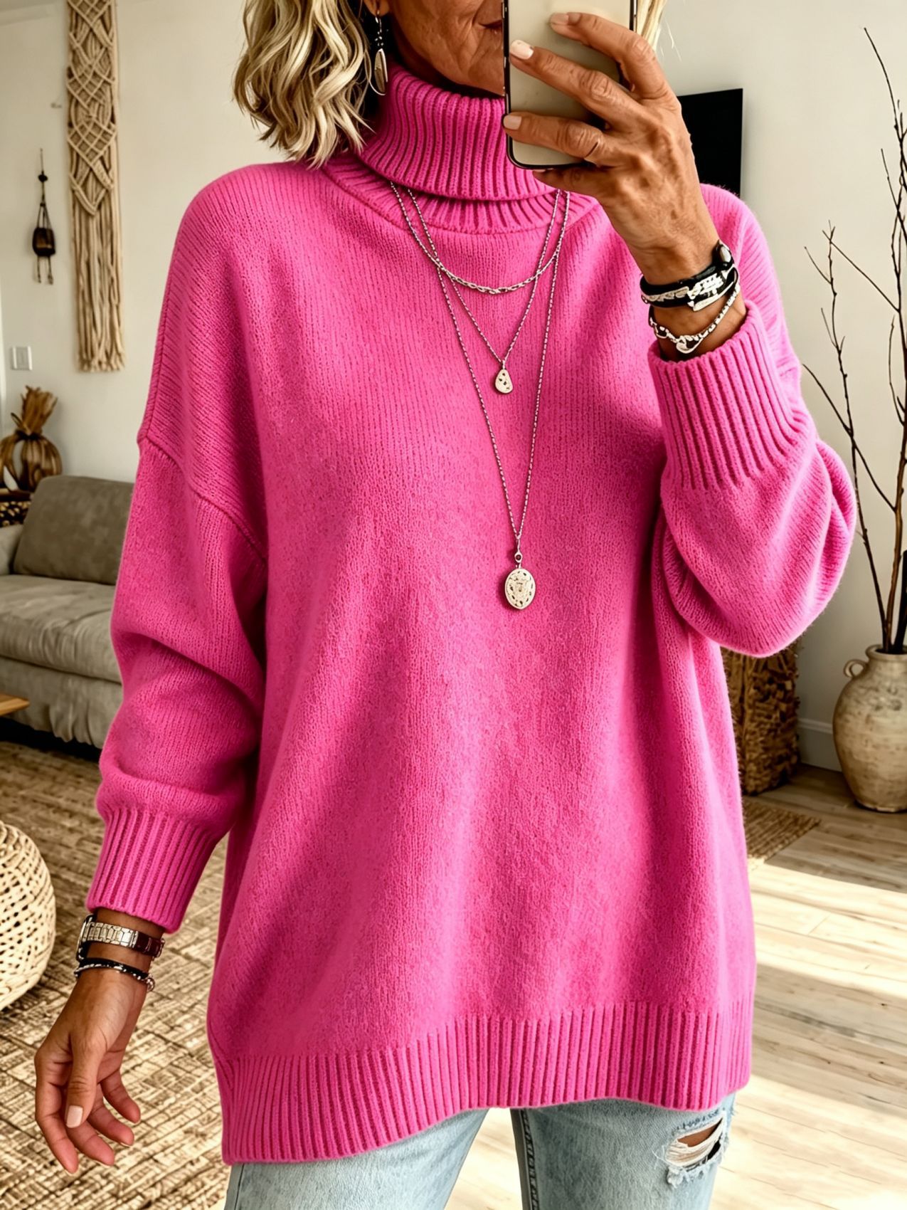 Women's Turtleneck Sweater Loose Knit Pullover Soft Thickened Base Layer