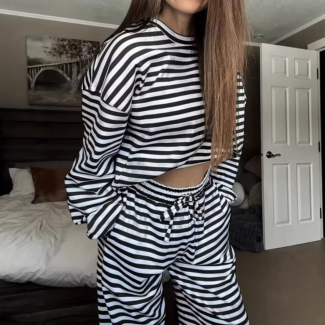 Striped Long-Sleeve Top and High-Waist Pants Casual Set