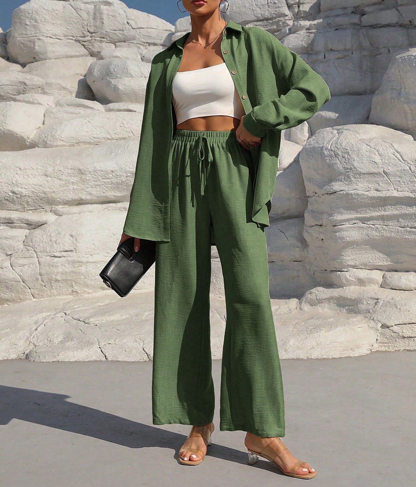 Women's Plus Size Long Sleeve Cardigan & Pants Two-Piece Set Solid Color Casual