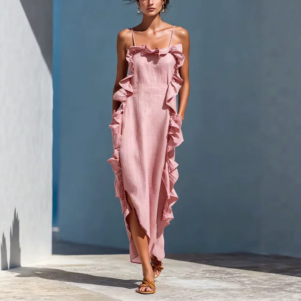 Ruffled Sleeveless Halter Maxi Dress