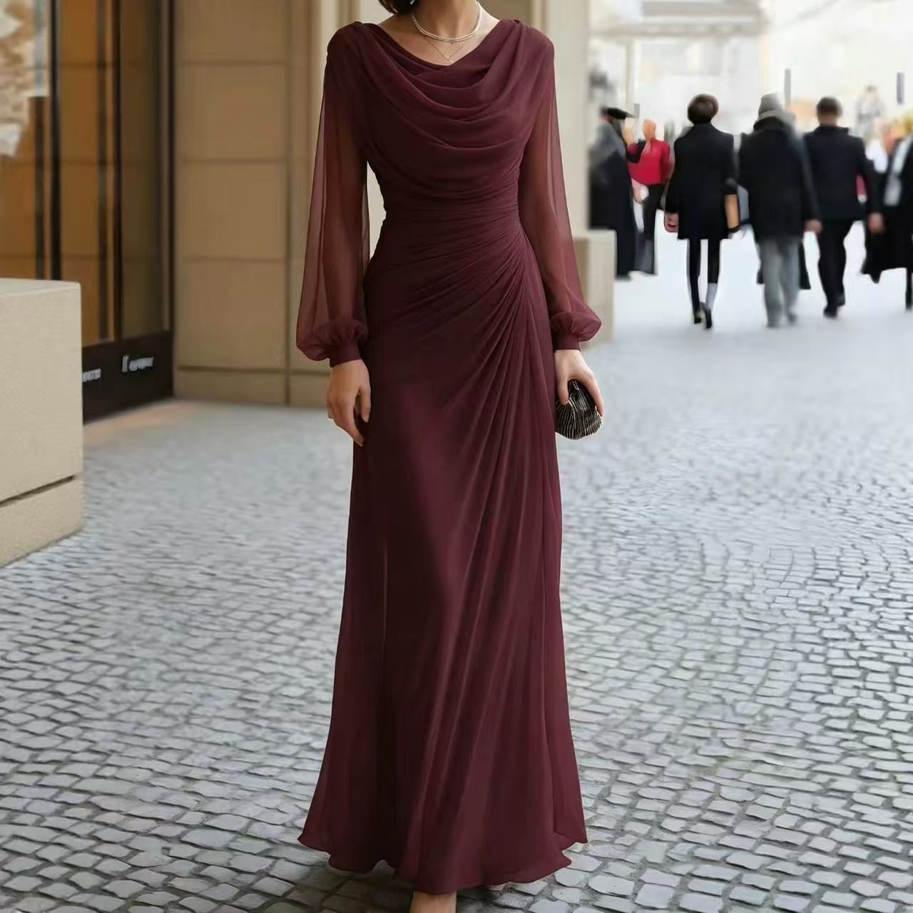 Solid Draped Long Sleeve A-Line Dress