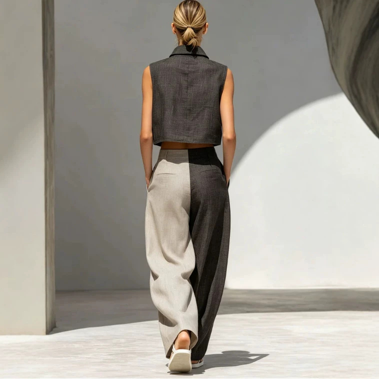 Women's Casual Retro Colorblock Sleeveless Top and Wide-Leg Pants Set