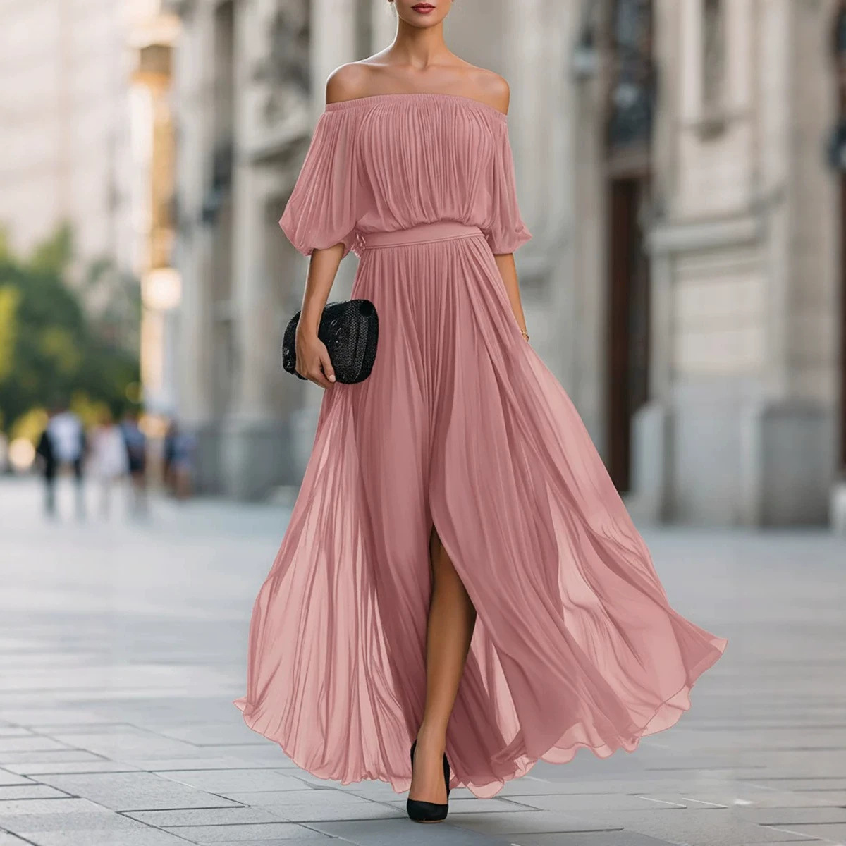 Women's Off-Shoulder Chiffon Maxi Dress Solid Color Waist-Cinched