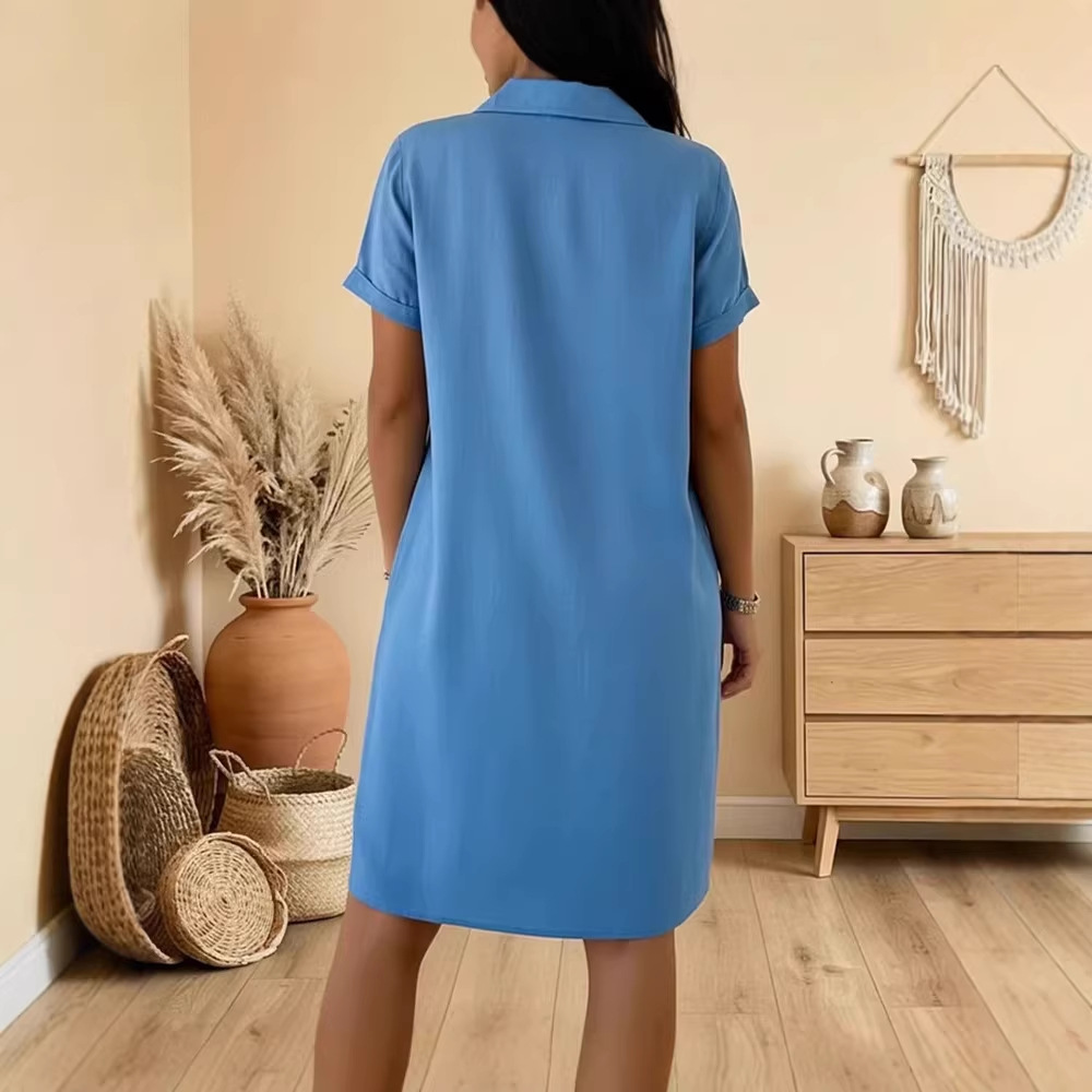 Women's Cotton Linen Button Short Sleeve Shirt Dress Casual