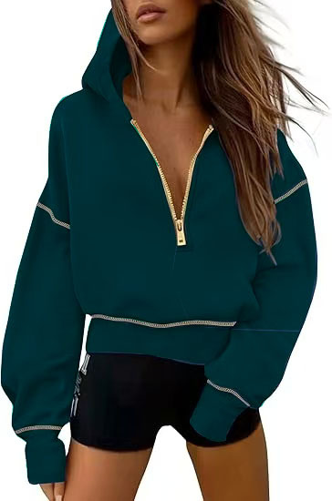Women's Half-Zip Hooded Cropped Sweatshirt Long Sleeve