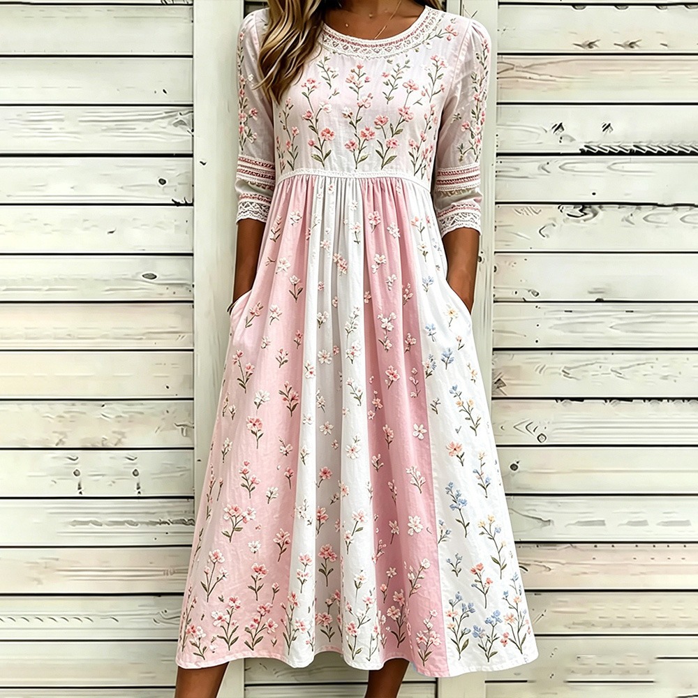 Women's Leaf Floral Butterfly Print Pleated Midi Dress