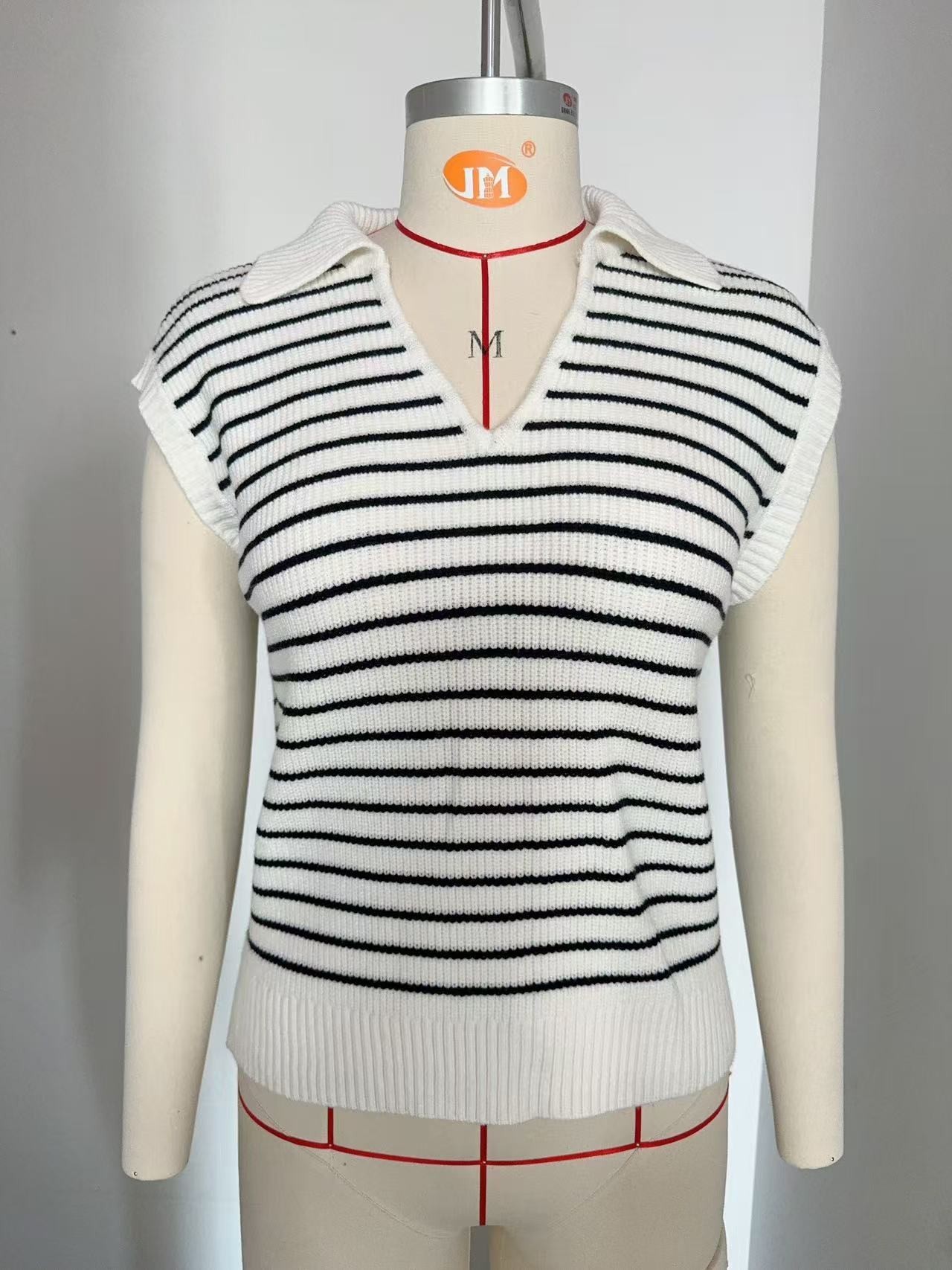 V-Neck Striped Knit Top with Collar Casual Loose Fit