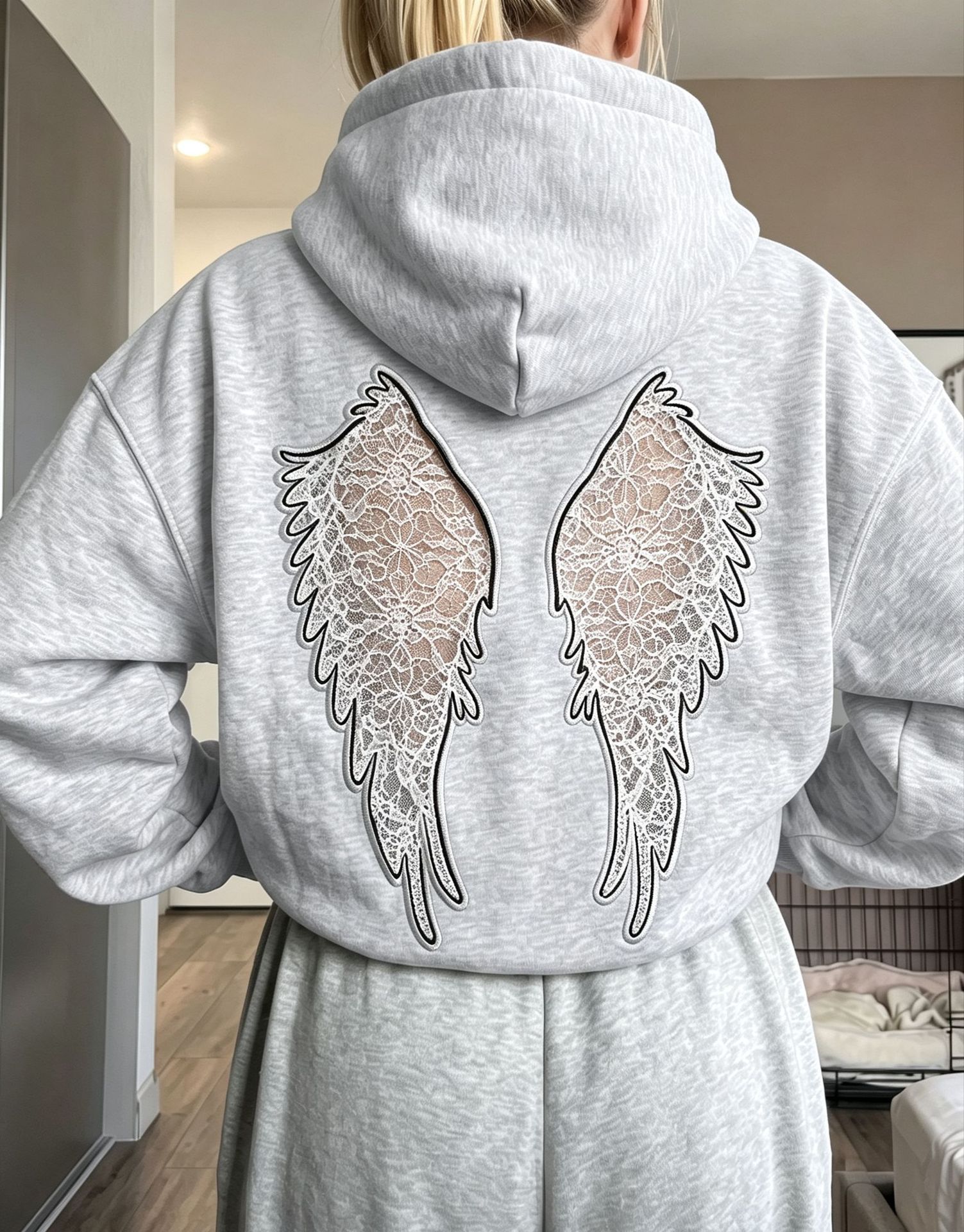 Women's Casual Hooded Cutout Embroidered Wing Long-Sleeve Sweatshirt