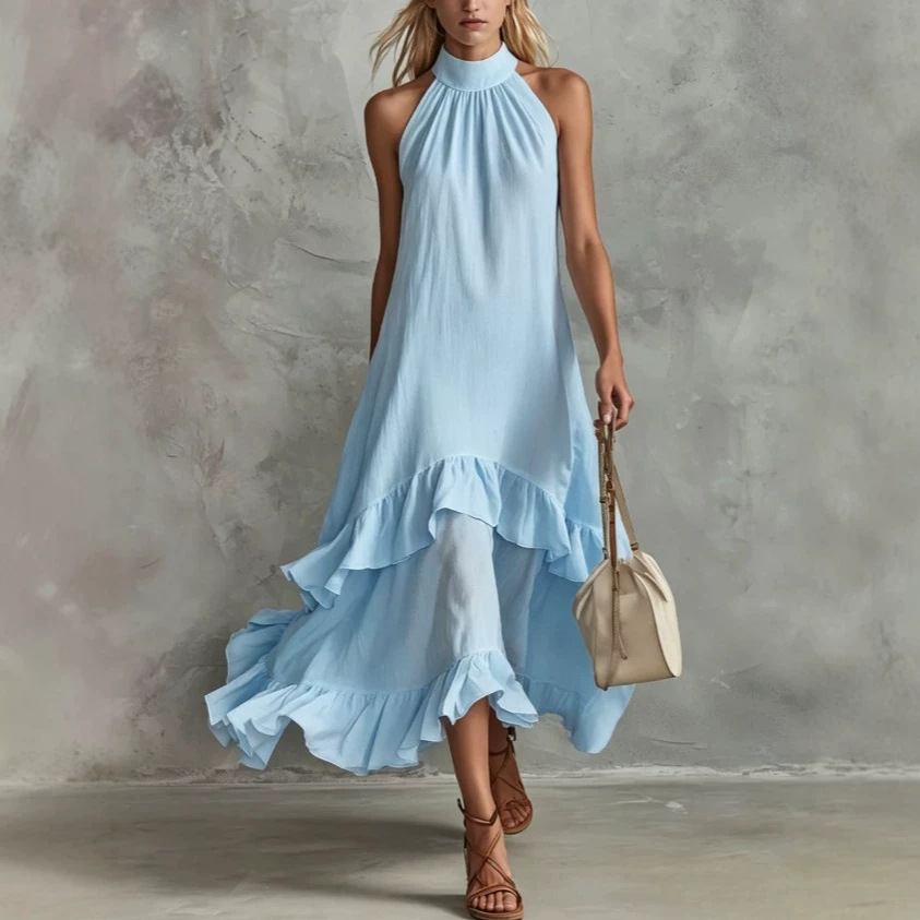 White Sleeveless Ruffle Midi Beach Dress