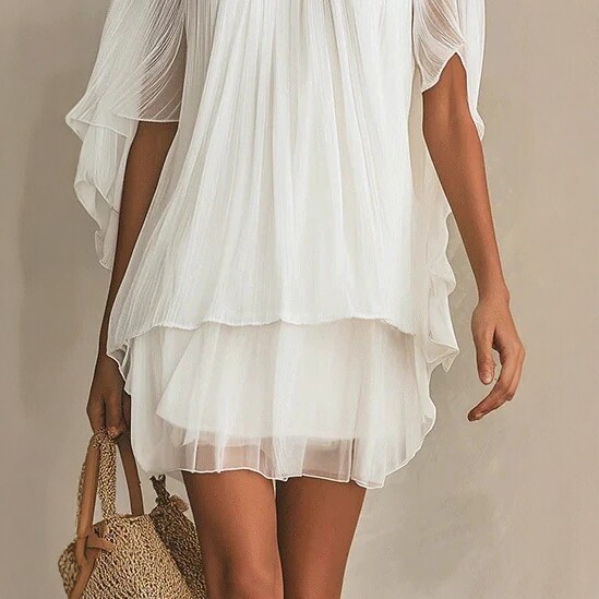 White Chiffon Vacation Dress Women's Loose Flowy Short Beach Dress