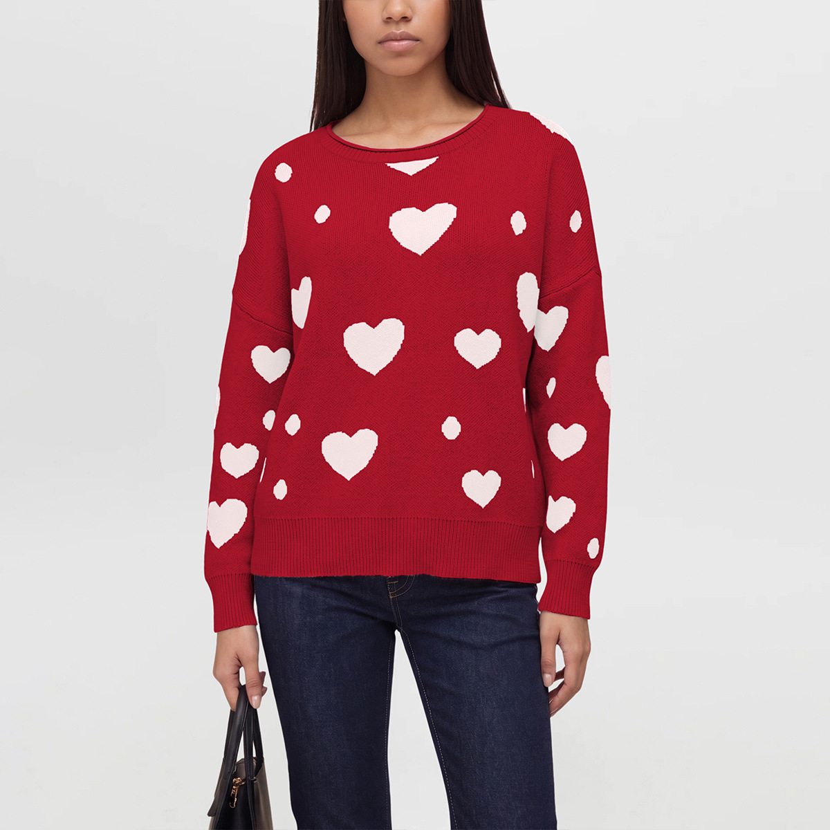 Heart Pattern Knit Sweater Women's Pullover Loose Fit Crew Neck Long Sleeve