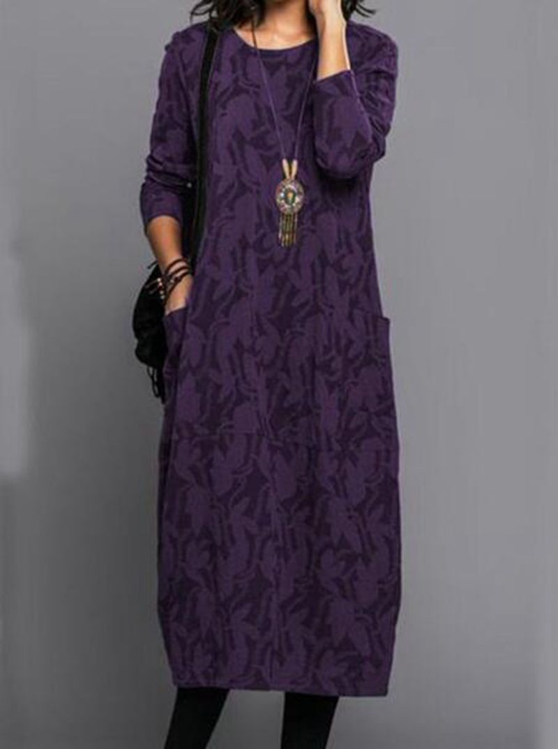 Women's Round Neck Long Sleeve Pocket Dress Casual Floral Print