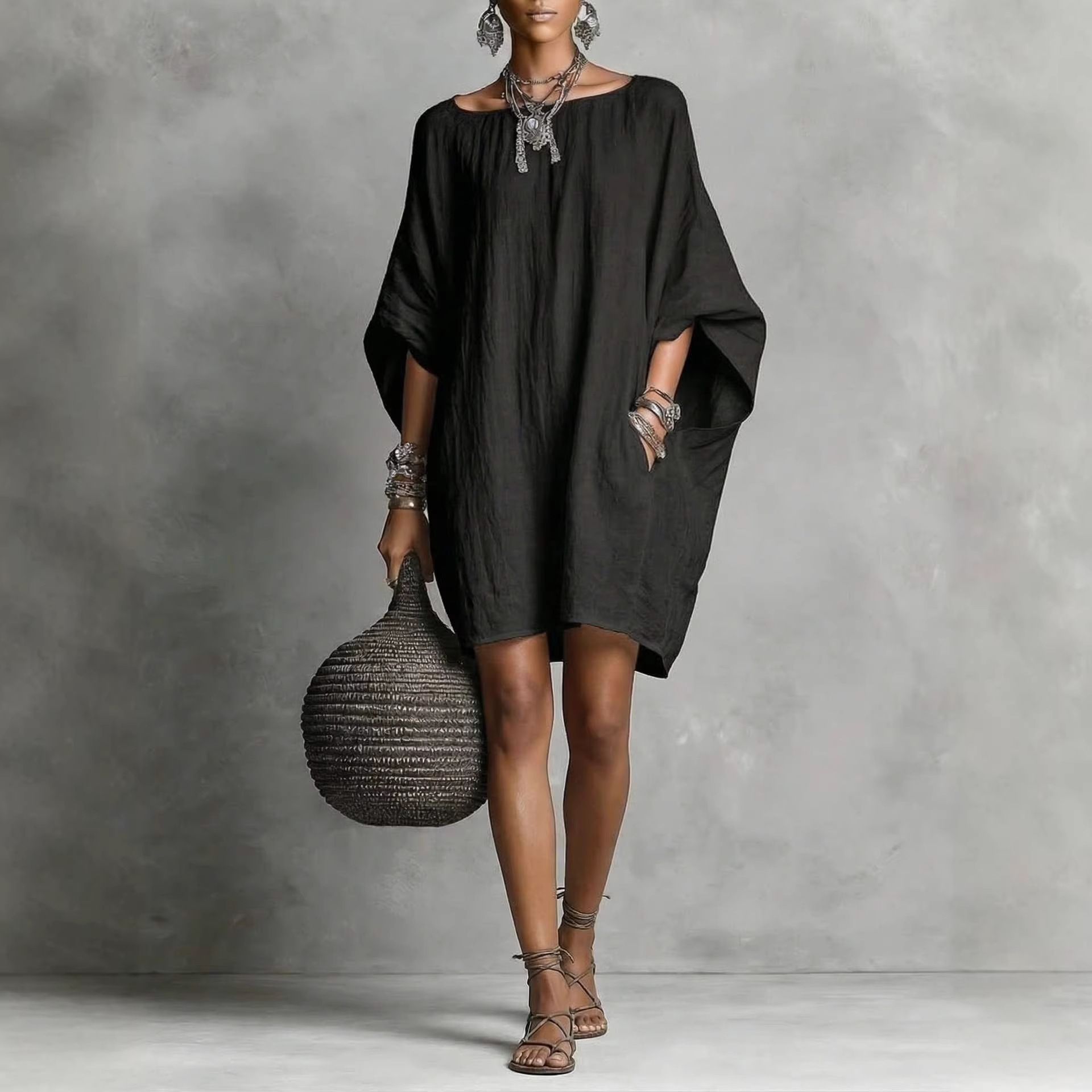 Women's Vintage Off-Shoulder Long Sleeve Midi Dress Solid Color Cotton-Linen Casual