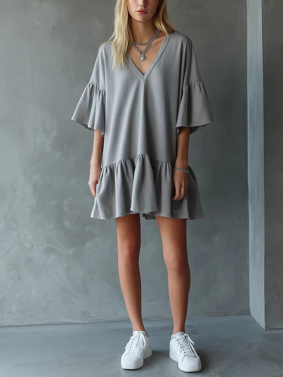 Women's Summer Ruffle V-Neck Solid Color Loose Short Dress