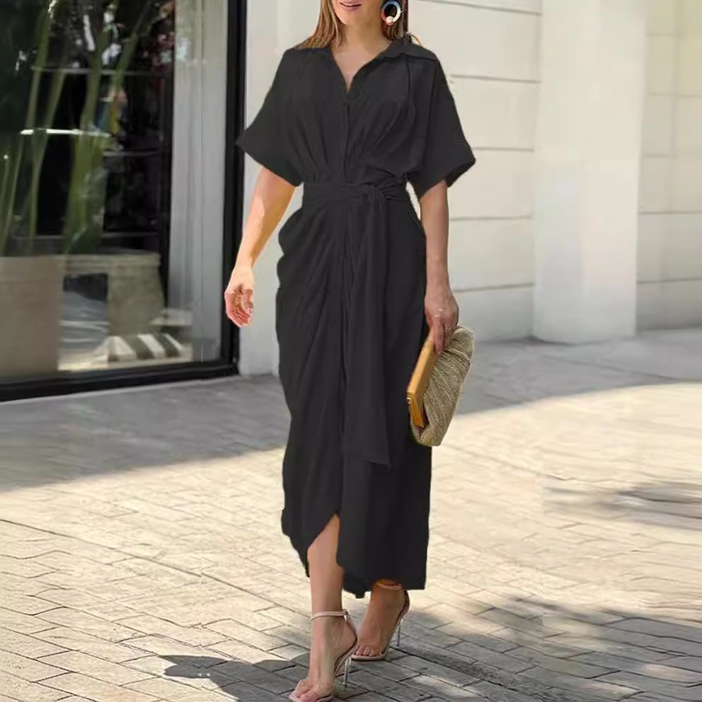 Women's Collared Midi Shirt Dress Short Sleeve Button Front High Waist