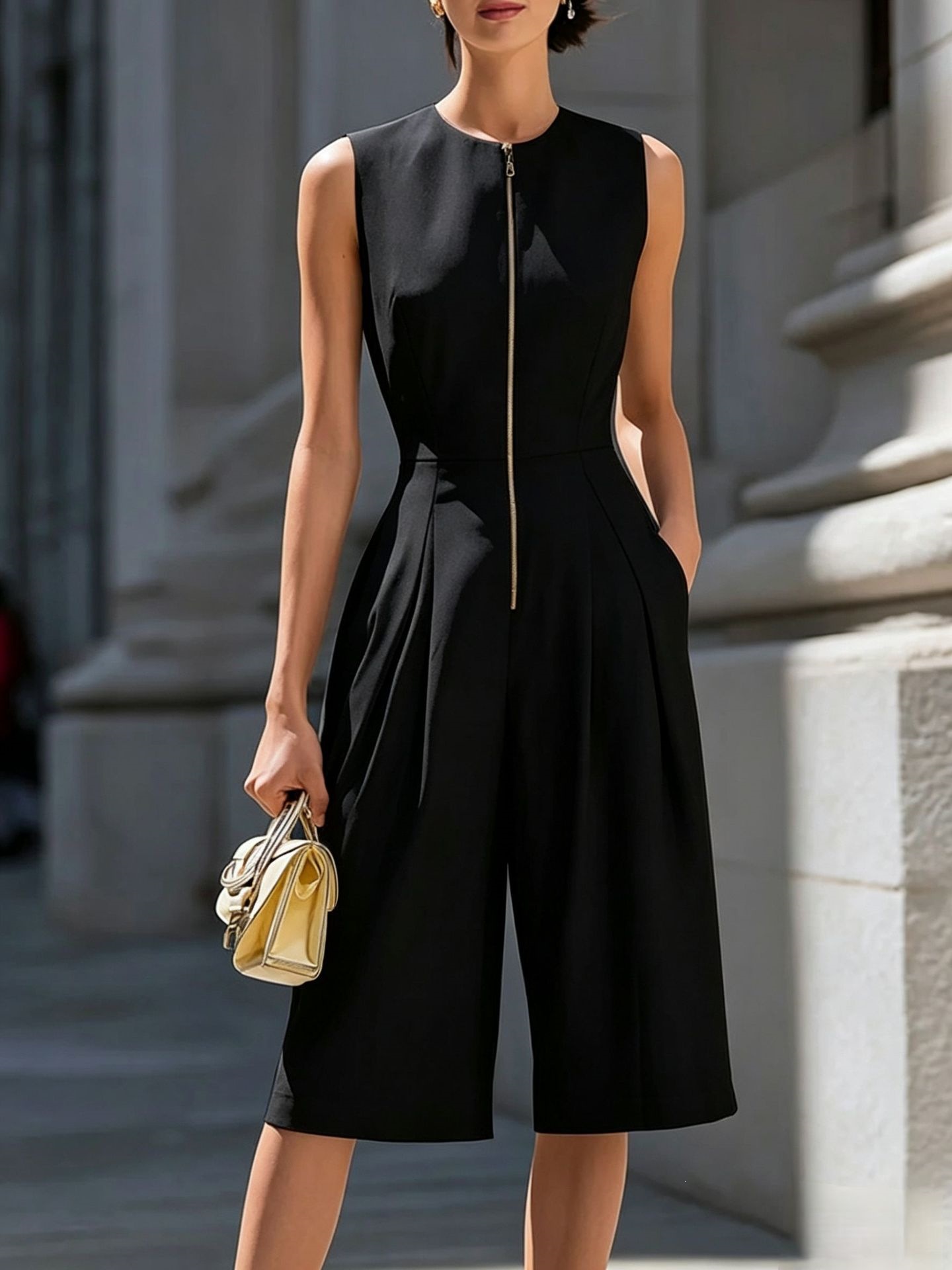 Women's Solid Wide-Leg Sleeveless Jumpsuit with Zipper