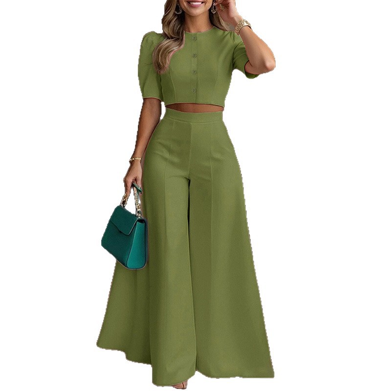 Women's Casual Round Neck Loose Top & Wide Leg Pants Set