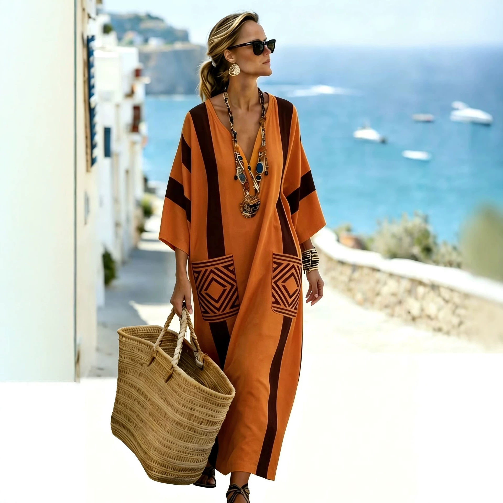 Women's Boho Floral Print Midi Dress Deep V-Neck Five-Sleeve Slim Fit