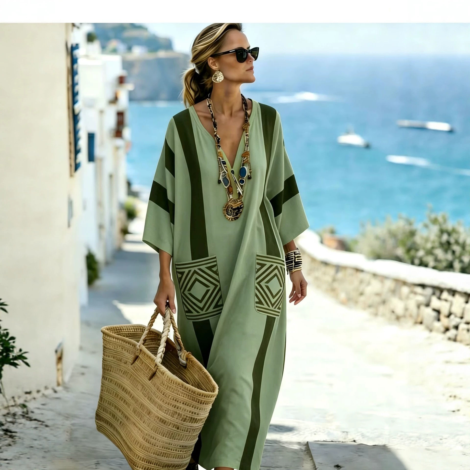Women's Boho Floral Print Midi Dress Deep V-Neck Five-Sleeve Slim Fit