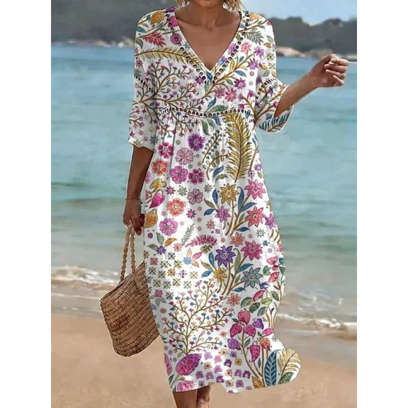Women's Floral Print Pleated Midi Dress with Deep V-Neck and 3D Effect