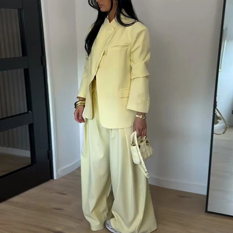 Women's Solid Color Blazer & Wide-Leg Pants Set