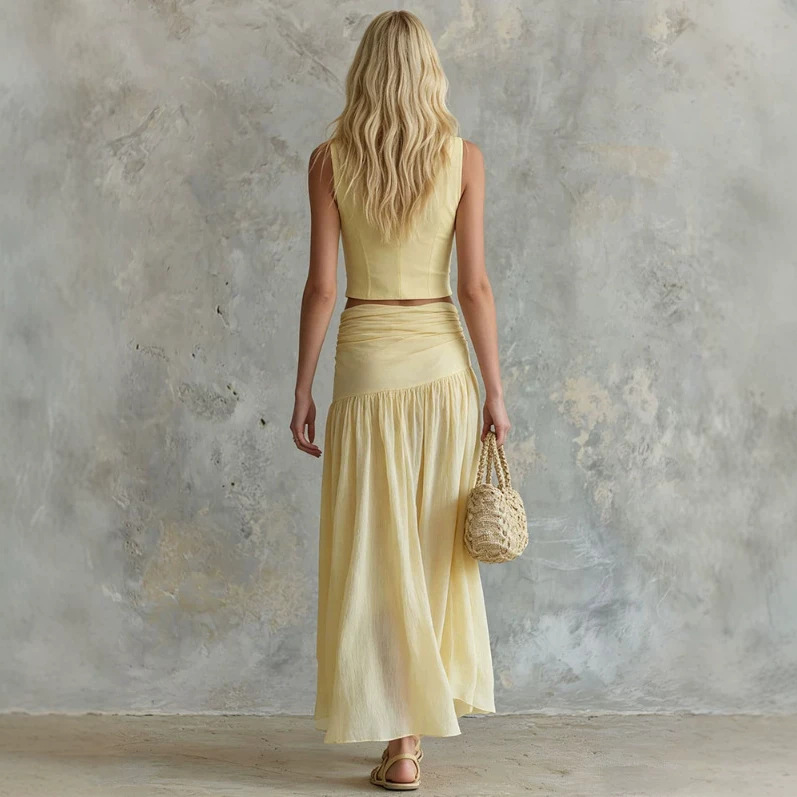 Retro Yellow Sleeveless V-Neck Vest and Chiffon Skirt Set