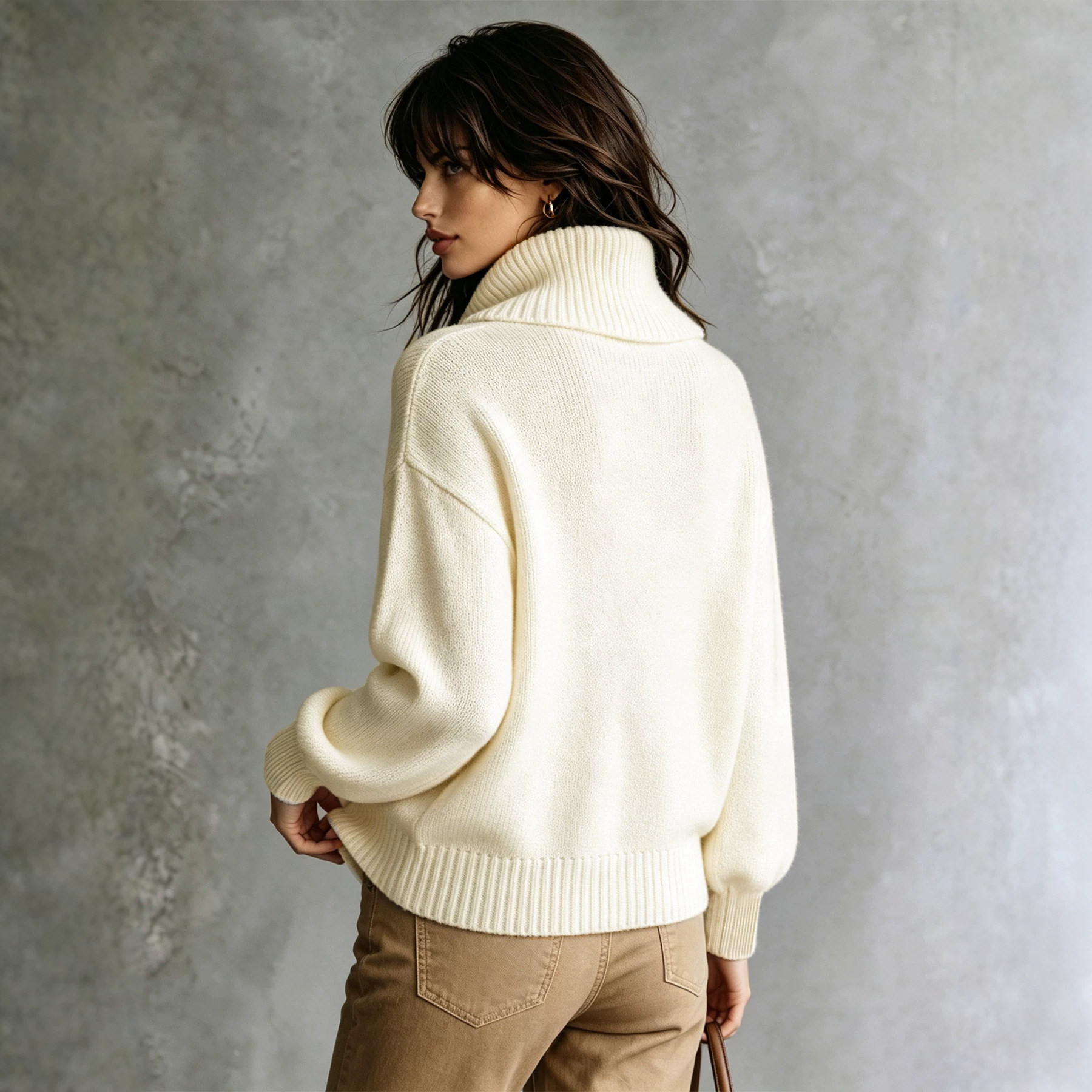 Women's High Neck Ribbed Knit Sweater Solid Color Long Sleeve