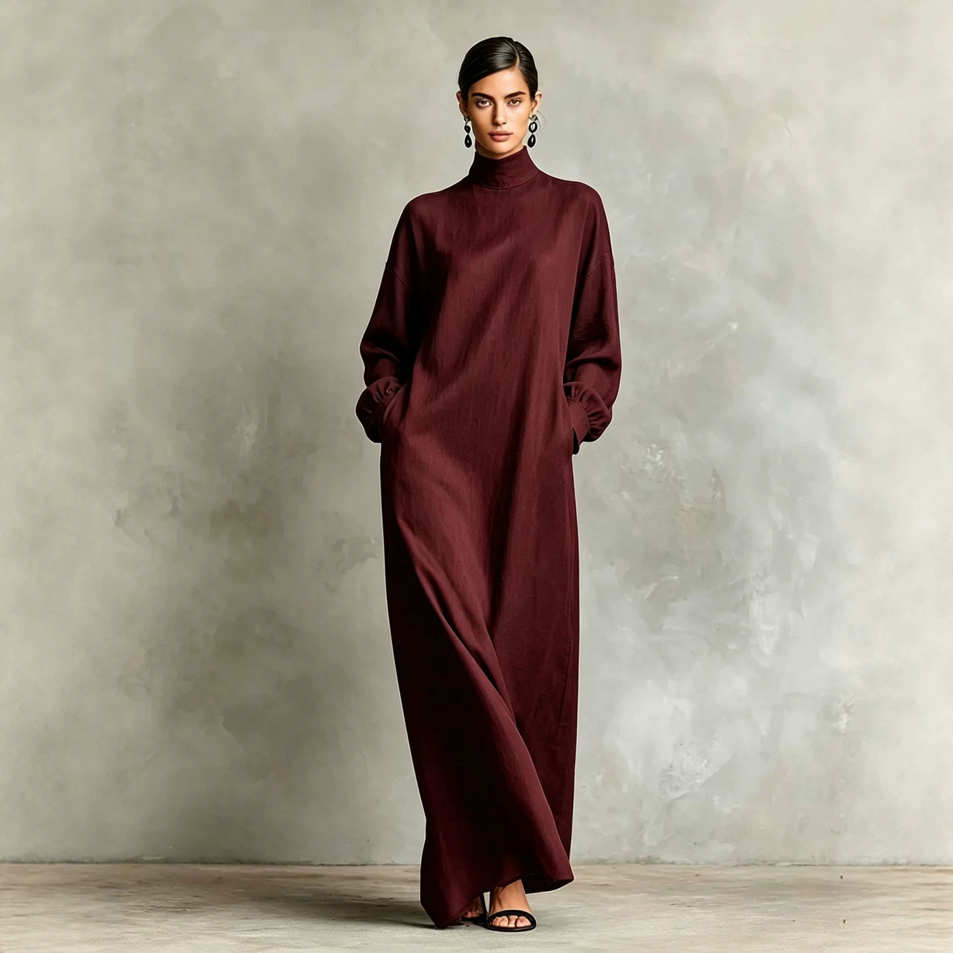 Women's Solid High Neck Loose Casual A-Line Long Dress