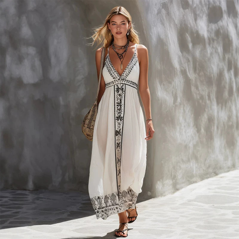 Retro Color-Block Floral Print Chiffon Spaghetti Strap Maxi Dress
