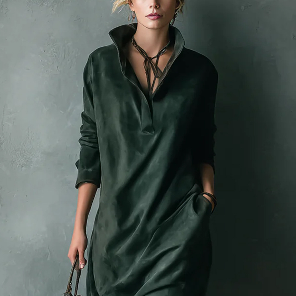 Women's Faux Suede Long Sleeve Midi Shirt Dress Solid Loose Fit