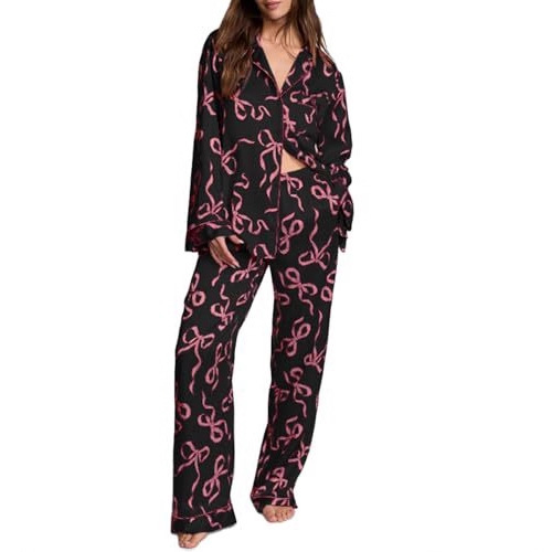 Cuban Collar Bow Ribbon Print Long Sleeve Women's Set