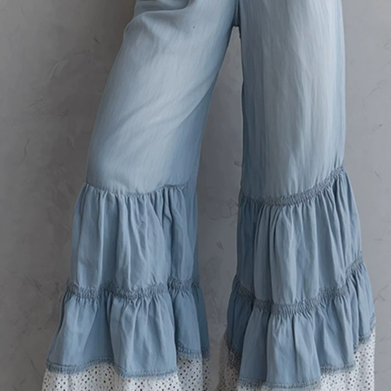 Light Blue Colorblock Trim Long Sleeve Wide Leg Jumpsuit