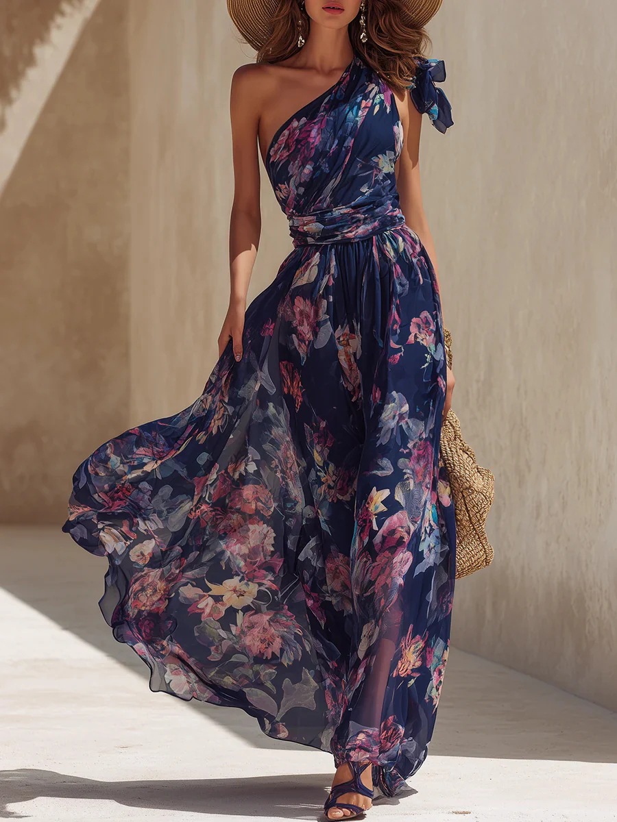 One-Shoulder Bow Print Chiffon Maxi Dress