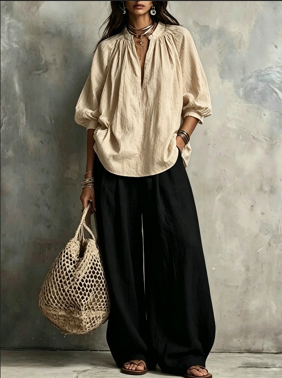 Women's Solid Color Stand Collar Lantern Sleeve Top & Wide-Leg Pants Two-Piece Set