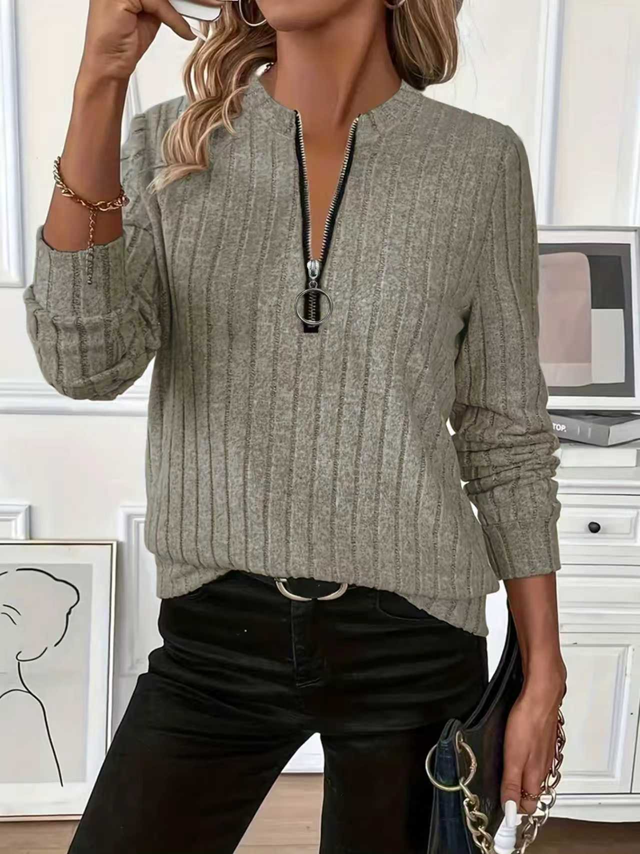 Women's Ribbed Knit Zip-Up Long-Sleeve Top