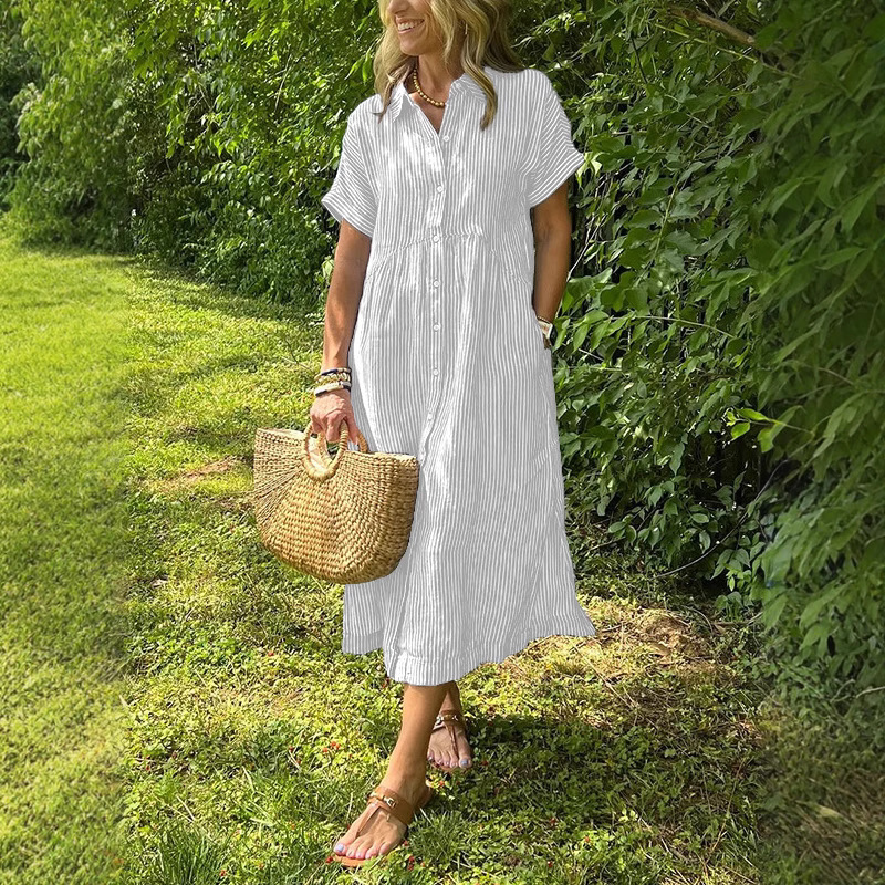 Women's Striped Short Sleeve Shirt Dress Loose Plus Size Casual Midi