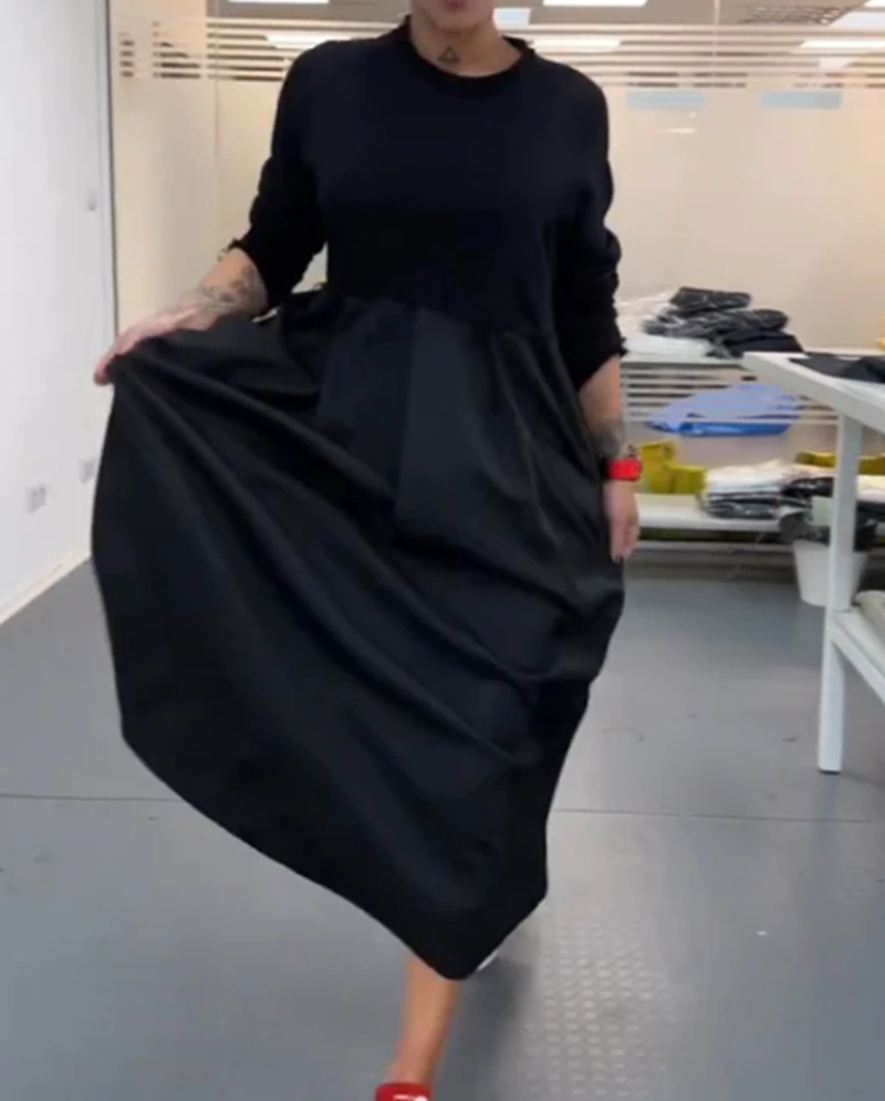 Women's Solid Crewneck Long Sleeve Maxi Dress