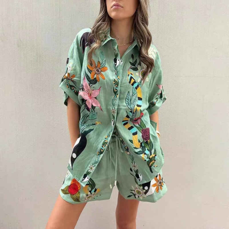 Women's Loose Print Shirt and Shorts Two-Piece Set