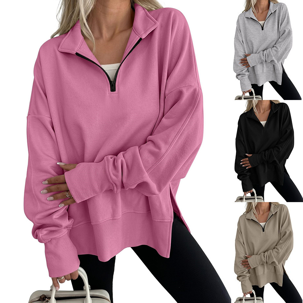 Women's Half-Zip Long-Sleeve Sweatshirt with Side Slit