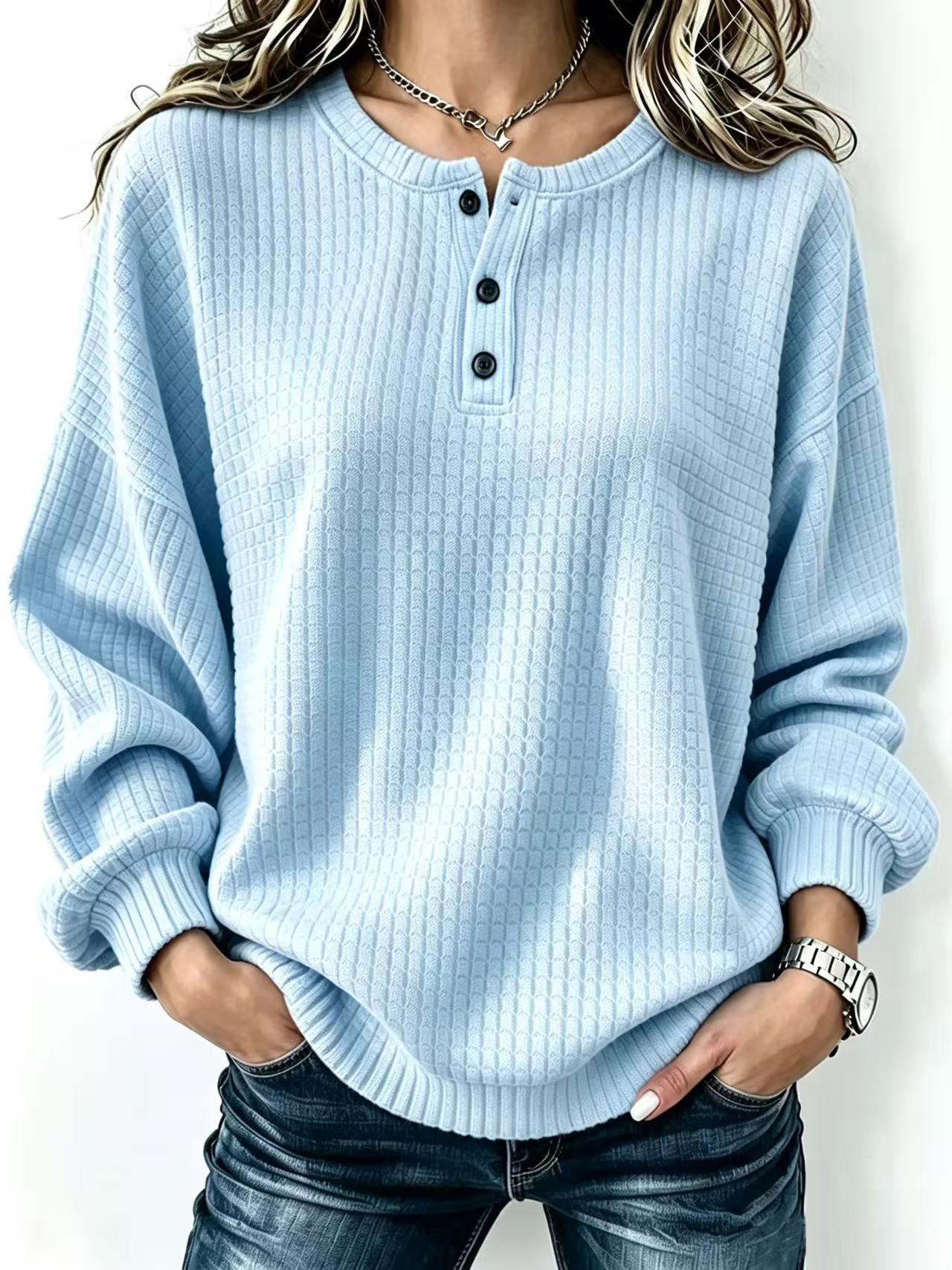 Women's Plaid Crewneck Button Long-Sleeve Sweatshirt