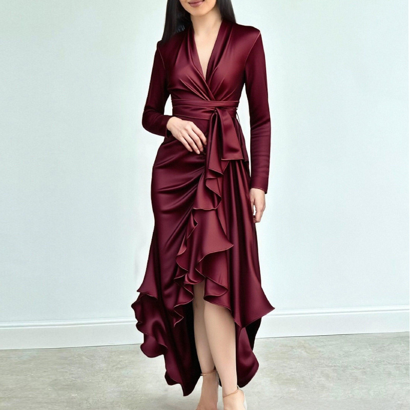 Women's Deep V-Neck Tie-Waist Long Dress Elegant Solid French Style
