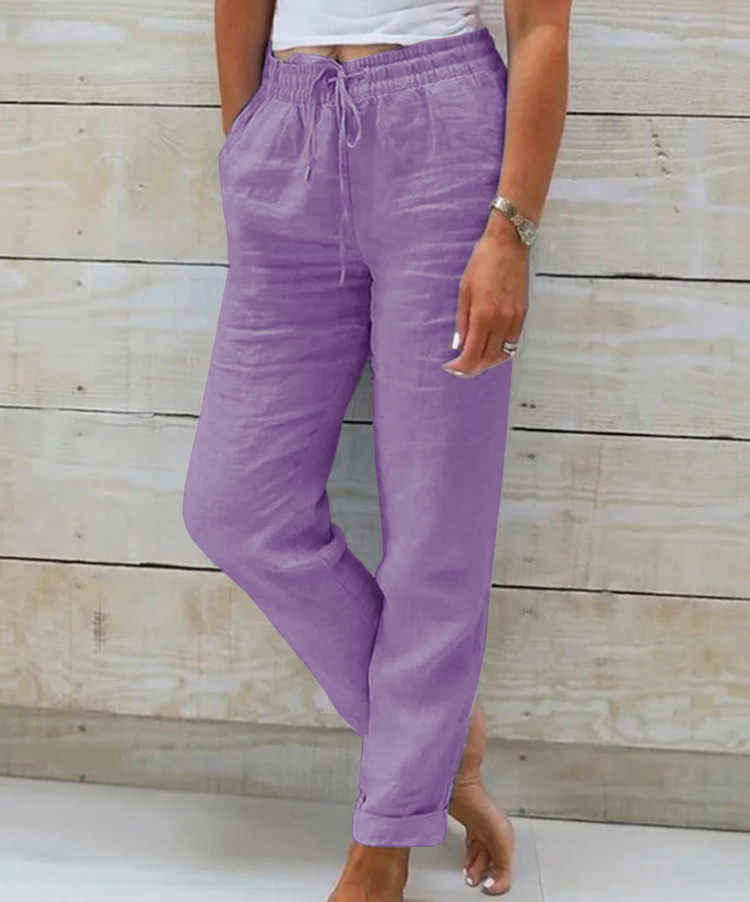 Women's Cotton-Linen Wide-Leg Pants Elastic Waist Solid Color Loose Fit