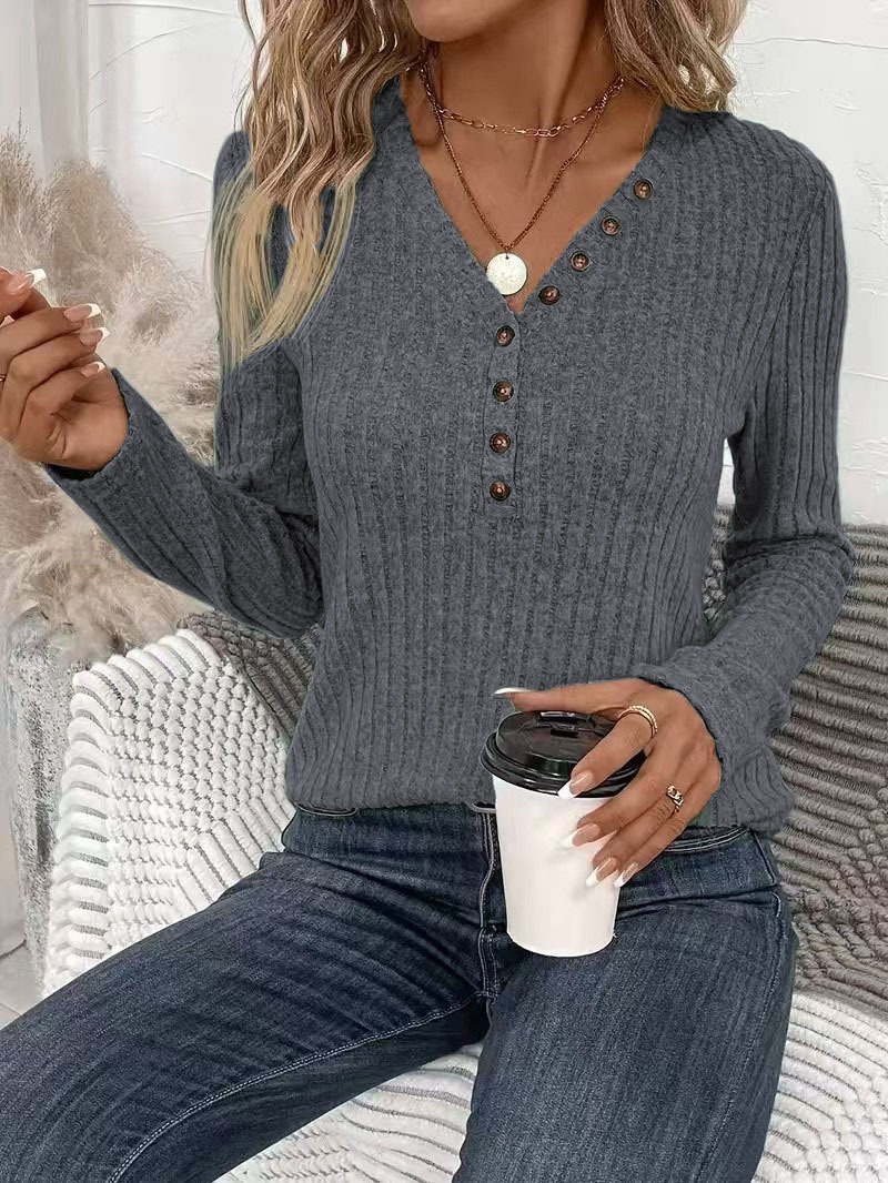 Plus Size V-Neck Button Knit Top Long Sleeve Solid Casual