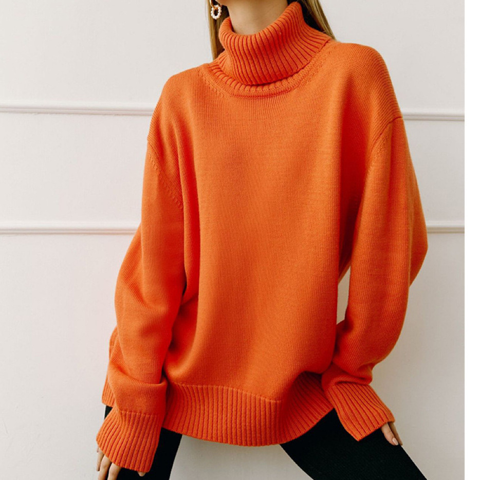 Solid Turtleneck Sweater Loose Knit Pullover