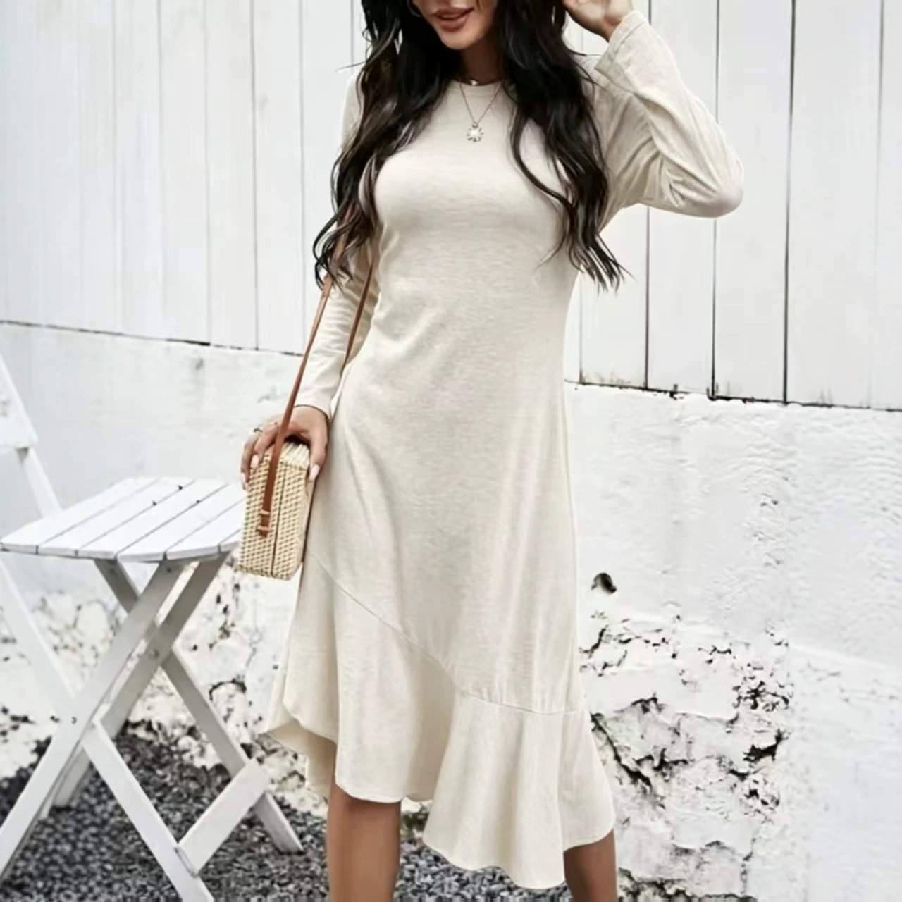 Women's Long Sleeve Round Neck Casual Split Spliced Asymmetrical Dress