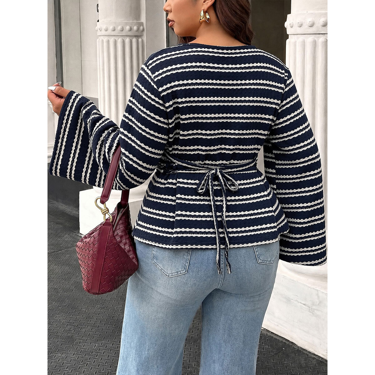 Women's Plus Size Striped Bell Sleeve Top Round Neck Loose Fit Long Sleeve Casual Tee