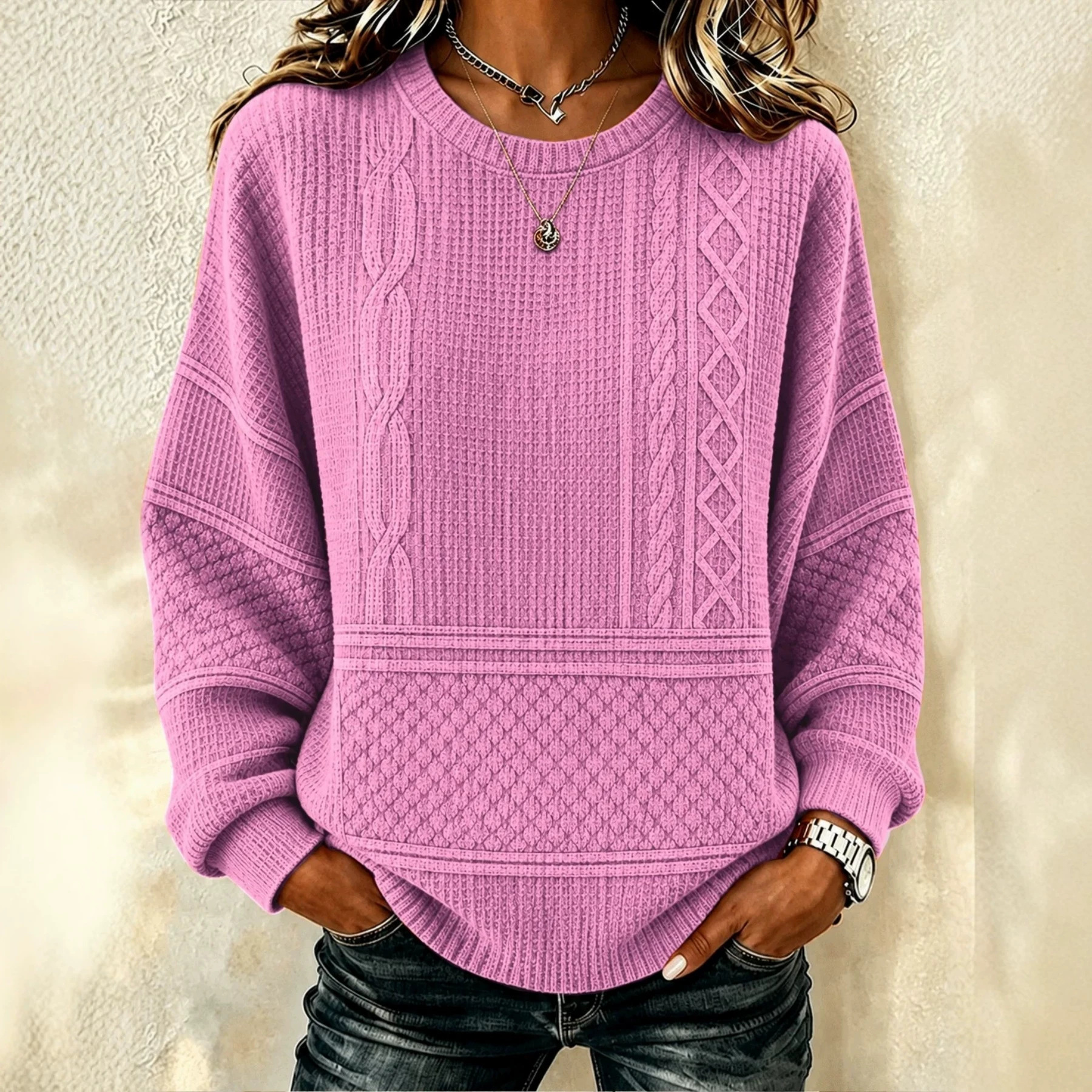 Women's Casual Solid Striped Print Crewneck Long-Sleeve Sweatshirt